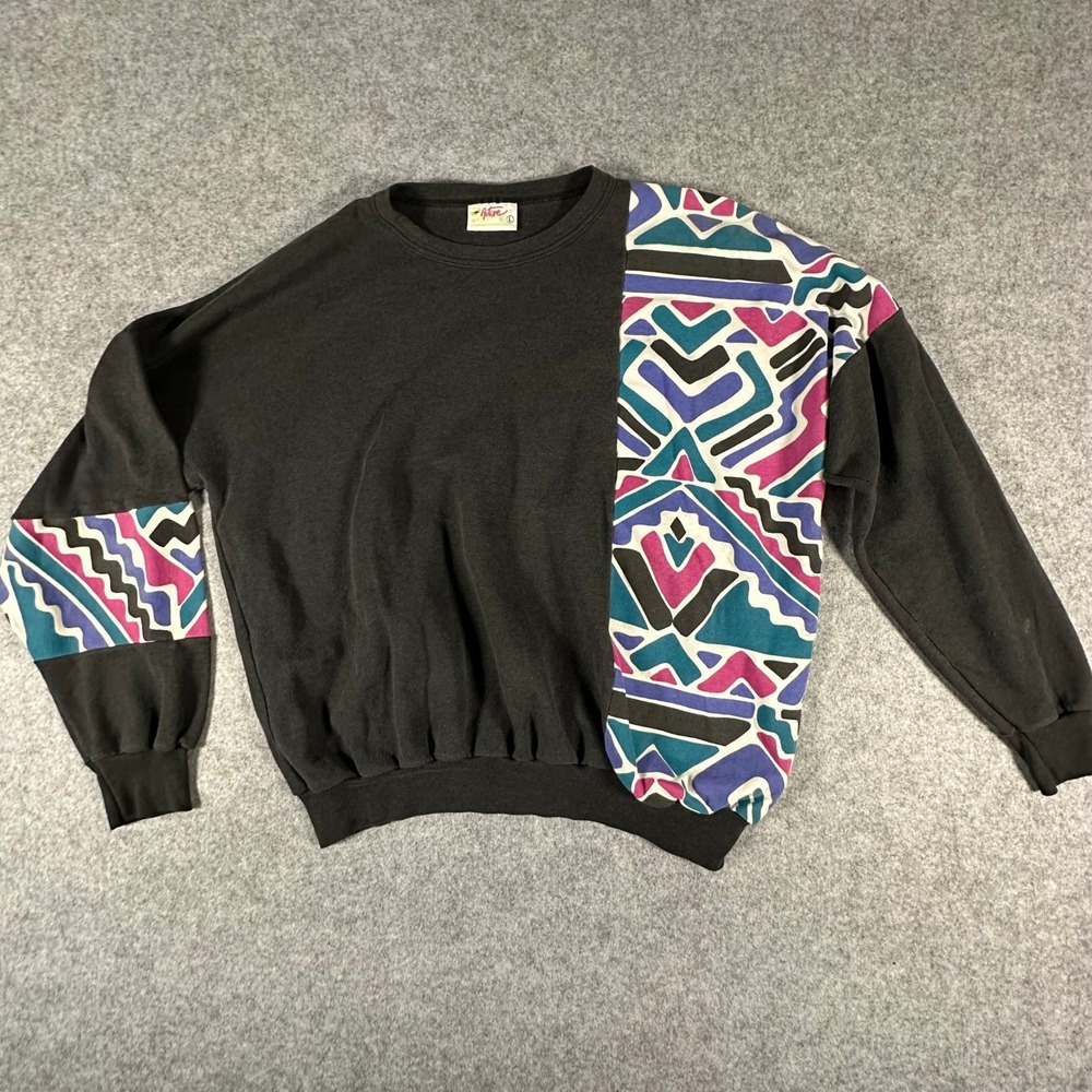 Active Sweatshirt Large Black Mens Vintage 90s Geometric Abstract Print